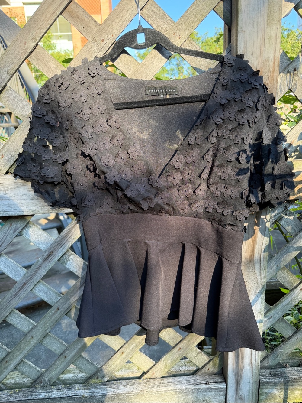 Endless Rose Black Floral Appliqué Peplum Blouse